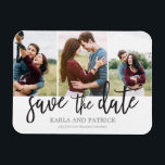 Collage de fotos Romántico Script 3 Guardar la fec<br><div class="desc">Este imán de fecha de 3 fotos contiene un hermoso guión pintado a mano con espíritu libre. Añade una foto y un texto personalizado adicionales a la parte posterior.</div>