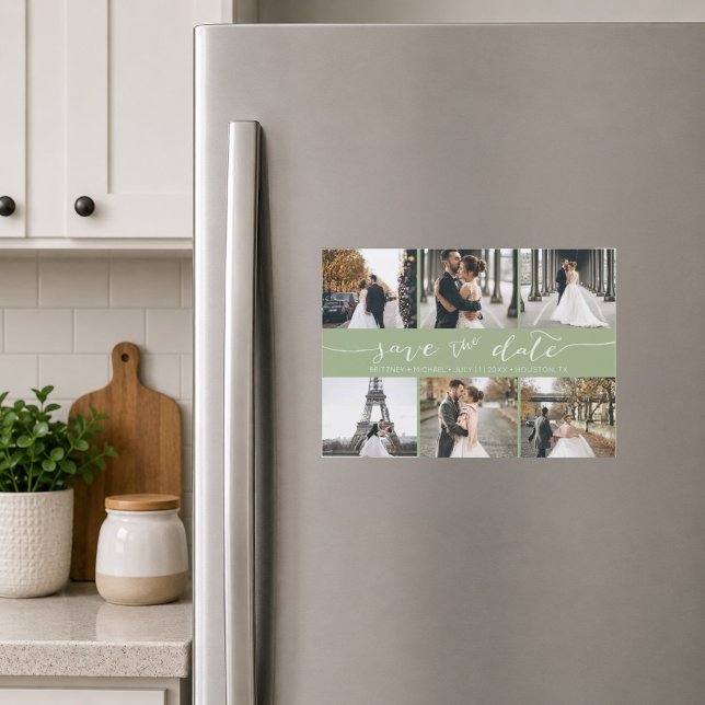 Collage de Fotos Save the Date Verde Salvia (Soft sage green six photo save the date magnet featuring elegant handwritten script typography)
