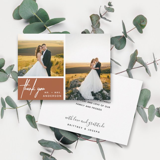 Collage de fotos Terracota moderno Gracias (Two photo hand lettered thank you wedding card with a minimalistic design perfect for any couple.)