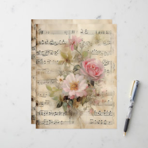 Collage de hojas de música y rosas