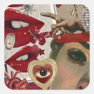 Collage de Labios Rojos Pegatina Cuadrada de Art