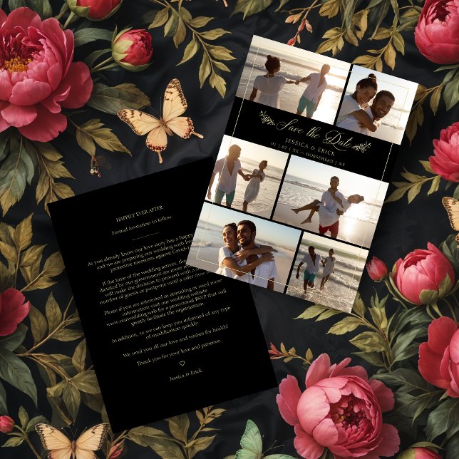Collage de Moda para ramas de oro negras 6 Boda de (Chic Black Gold Branches Chic Collage 6 Photos Wedding Save the Dates Cards.)