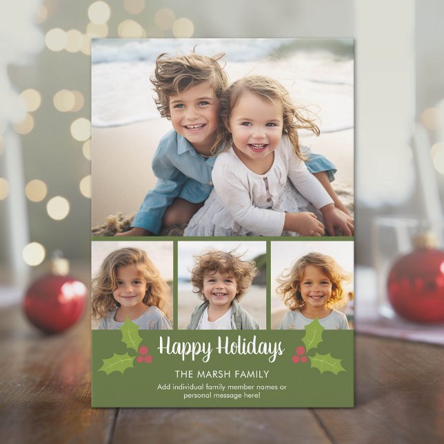 Collage de Navidad con 4 Fotos - Acebo Retro (Modern, Minimal Holiday Card with 4 Photos)