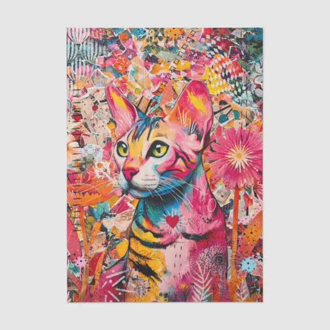 Collage de papel de seda mixto de gato (Anverso)