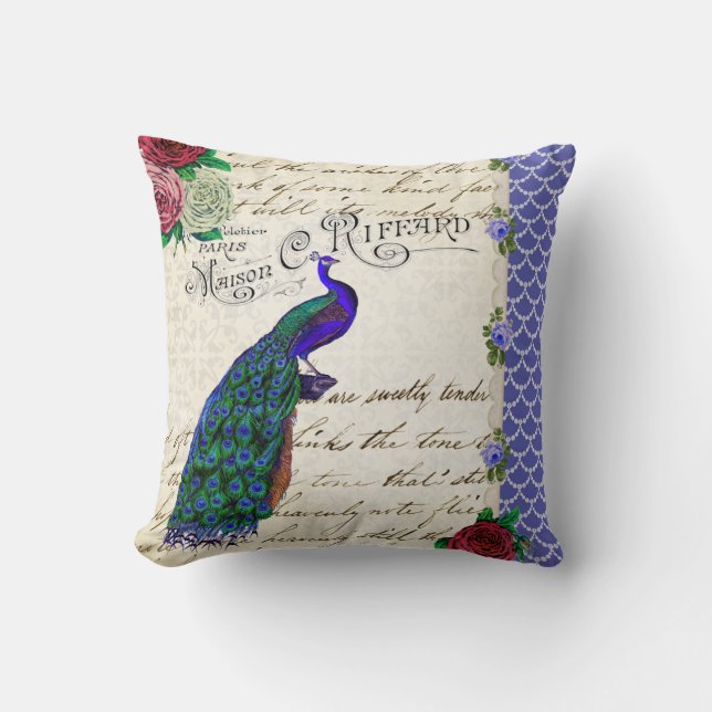 Collage de pavo real vintage almohada chic (Anverso)
