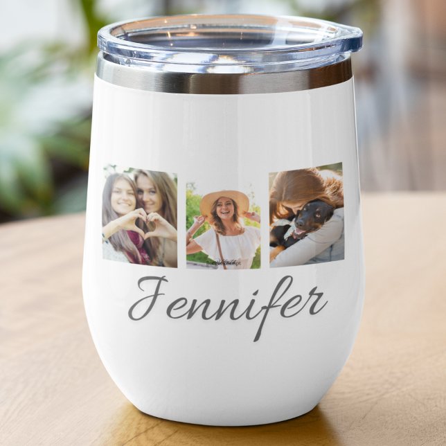 Collage de tiras de firma (“Collage wine tumbler design with rectangular photo strip and signature style script text below.”)