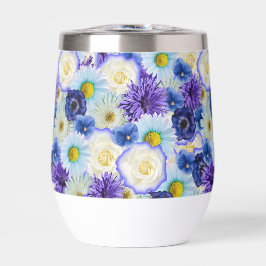 Collage floral de flores azules blancas y amarilla