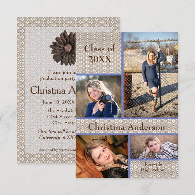 Collage marrón - Invitación de graduación 3x5 (Anverso / Reverso)