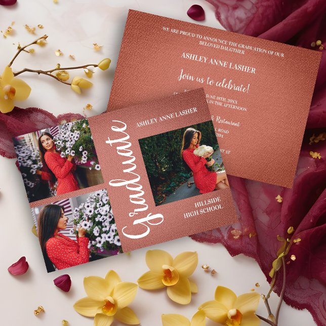 Collage marrón tres fotos textura de graduación (Reddish-Brown Natural Fabric Collage 3 Multi Photos Grad Graduation Invitation. )
