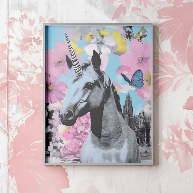 Collage rosa y azul de Unicornio de arte pop retro (Elevate your décor with this standout piece, ideal for lovers of vintage flair.)