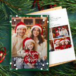 Collage verde moderno de 5 fotos Feliz Navidad<br><div class="desc">Simple minimalista elegante cinco personalizados fotos de familia "Feliz Navidad y Feliz Año Nuevo" (cambiable) guión de tipografía texto superpuesto Navidades plantilla de tarjeta de vacaciones con un marco verde forestal y copos de nieve.                      Fácil de personalizar con sus imágenes,  texto,  firma de nombres y deseos en ambos lados!</div>