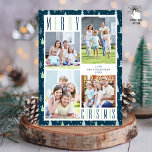 Collages de fotos NAVIDAD FEROSOS<br><div class="desc">Diseño moderno de árboles de vacaciones con un texto elegante MERRY NAVIDAD en dos tonos de azul y verde contra un fondo azul mediterráneo. Incluya cuatro fotos y el texto de su personalizado en la parte delantera y/o posterior (opcional). FOTO: Seleccione fotos con el sujeto en el medio o prerecorte...</div>