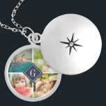 Collar Con Colgante Collage de fotos Monograma de la Marina<br><div class="desc">collar de locket personalizado con monograma personalizado y collage cuadrado de 4 fotos que bordean tu monograma u otro texto personalizado en un marco diamantífera. Haga clic en Personalizar para cambiar texto, fuentes y colores para crear un diseño único. ¡Un regalo perfecto para la familia, los amigos, las parejas recién...</div>