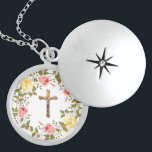 Collar Con Colgante Floral Wreath Crucifix Roses rosados amarillos<br><div class="desc">Roses rosadas y amarillas pasteles en la corona floral de primavera con crucifijo dorado -</div>