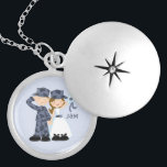 Collar Con Colgante Novia y soldado en Boda de camuflaje azul<br><div class="desc">El pendant personalizado presenta un dulce ilustracion vector de un marinero o un airman con su hermosa novia.</div>