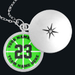 Collar Con Colgante Personalizado jugador de baloncesto jersey número<br><div class="desc">Personalizado jugador de baloncesto jersey número equipo nombre collar de canasta redonda. Regalo deportivo personalizado para jugador de baloncesto,  aficionado y entrenador. Color de fondo verde neón o personalizado. Regalos deportivos para chica,  hermana,  hija,  nieta,  mamá,  amiga,  compañera de equipo,  etc.</div>