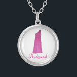 Collar de la Novia Rosa Vestido de la Boda<br><div class="desc">El collar presenta un original ilustracion de marca de un vestido rosa de dama de honor,  con BRIDESMAID en una fuente divertida. ¡Un gran regalo de fiesta de novias!</div>