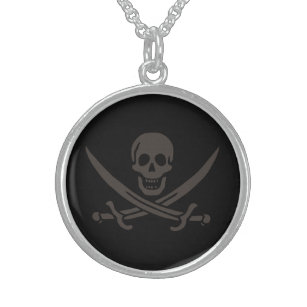 Collar De Plata De Ley Calavera obsidiana espada Bandera pirata de Calico
