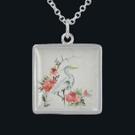 Collar De Plata De Ley Elegante arte asiático de la grúa y el florecimien<br><div class="desc">grulla de Bonito y flores pintura asiática.</div>