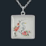Collar De Plata De Ley Elegante arte asiático de la grúa y el florecimien<br><div class="desc">grulla de Bonito y flores pintura asiática.</div>