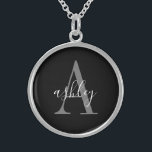 Collar De Plata De Ley Gris negro simple, monograma personalizado<br><div class="desc">Sencillo collar de plata esterlina,  gris negro y monograma personalizado. Un sencillo diseño moderno en negro y gris para crear su propio regalo de collar de monograma personalizado.</div>