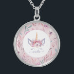 Collar De Plata De Ley Hermoso diseño de acuarela de unicornio<br><div class="desc">Hermoso diseño floral de colores vivos de Unicornio. El regalo perfecto para la niñita en tu vida con este hermoso ilustracion unicornio acuarela y el espacio a personalizar. Parte de una colección.</div>