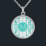 Collar De Plata De Ley Laberinto y monograma de la turquesa<br><div class="desc">Modelo del laberinto. Monograma elegante. Diseño de la turquesa</div>