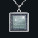 Collar De Plata De Ley Mariposa De Mármol Azul Sigue Tu Corazón<br><div class="desc">Una cita inspiradora sobre un collar de ensueño con un fondo de mármol azul oscuro.</div>