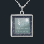Collar De Plata De Ley Mariposa De Mármol Azul Sigue Tu Corazón<br><div class="desc">Una cita inspiradora sobre un collar de ensueño con un fondo de mármol azul oscuro.</div>