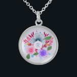 Collar De Plata De Ley Monograma bonito del ramo floral de la acuarela<br><div class="desc">El bonito personalizó el collar con arte floral de la acuarela.</div>