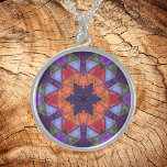 Collar De Plata De Ley Mosaico Kaleidoscope Naranja de flores rojo y púrp<br><div class="desc">Este diseño de mosaico caleidoscopio presenta brillantes baldosas naranjas,  rojas y violetas. Un diseño geométrico vívido inspirado en fractales,  mandalas y mosaicos de cristal teñido. ¡Consigue este hermoso diseño trippy y añade algunos colores de groovía a tu vida!</div>