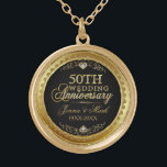 Collar Dorado 50.º Aniversario del Boda Oro Negro y Diamantes<br><div class="desc">Elegante estampado de oro en el 50 aniversario del boda y purpurina de diamantes sobre fondo negro. Marco redondeado de tonos dorados. Nombres de personalizables y años.</div>