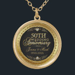 Collar Dorado 50.º Aniversario del Boda Oro Negro y Diamantes<br><div class="desc">Elegante estampado de oro en el 50 aniversario del boda y purpurina de diamantes sobre fondo negro. Marco redondeado de tonos dorados. Nombres de personalizables y años.</div>