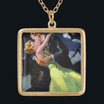 Collar Dorado Amor y romance vintage, beso romántico<br><div class="desc">El amor ilustracion vintage y la imagen romántica con una joven pareja recién casada,  el hermoso novio está besando a su hermosa novia. Han dejado al boda y están a punto de ir a su luna de miel.</div>