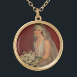 Collar Dorado Boda de época, retrato de novia victoriana<br><div class="desc">Ilustracion vintage,  amor y romance,  imagen de boda que muestra a una novia en su vestido boda y velo sosteniendo su boda ramo de flores blancas sentada para un retrato.</div>