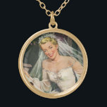 Collar Dorado Boda vintage, novia retro con chica flor<br><div class="desc">Imagen romántica y de amor de ilustracion de época con una flor chica con una novia feliz y sonriente en su hermoso vestido con arcos ornamentales en el día de su boda. ¡Es hora de casarse!</div>