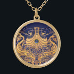 Collar Dorado Buque antiguo, delfines, oro, azul marino<br><div class="desc">Elegante y elegante diseño náutico de estilo vintage con una brillante piedra de gema 3d fácilmente personalizable con sus propias iniciales y texto,  gráficos 3D y elaboración gráfica digital de Bulgan Lumini .</div>