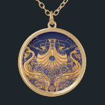 Collar Dorado Buque antiguo, delfines, oro, azul marino<br><div class="desc">Elegante y elegante diseño náutico de estilo vintage con una brillante piedra de gema 3d fácilmente personalizable con sus propias iniciales y texto,  gráficos 3D y elaboración gráfica digital de Bulgan Lumini .</div>