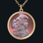 COLLAR DORADO CÁMARA DE ANTIGÜEDAD, DAMA CON GRIPOS Y GRAPEVINAS<br><div class="desc">Antigua joya de cammo con un hermoso perfil de mujer con pelo largo ornamentado con uvas y viñas para cosecha de viñedos</div>