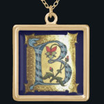 COLLAR DORADO CARTA DE ORO AZUL B CON FLORES MONOGRAMA<br><div class="desc">Letra medieval floral B inicial sobre fondo dorado.</div>