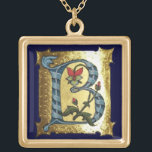 COLLAR DORADO CARTA DE ORO AZUL B CON FLORES MONOGRAMA<br><div class="desc">Letra medieval floral B inicial sobre fondo dorado.</div>