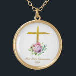 Collar Dorado *~* Cruz de confirmación cristiana de la comunión<br><div class="desc">((buscador AP35 para diseños similares y AP40 )) Flores , Floral Bouquet de Flores en la base de una rústica cruz de Jesús de Oro. Eliminar, redimensionar y editar los elementos que desee y pueda. Convierta el diseño para cualquier fin de vibración que desee. Transferirla a cualquier producto de Zazzle...</div>