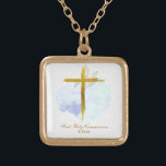 Collar Dorado *~ Cruz de Oro AP35 Comunión Azul Cristiano<br><div class="desc">(( búsqueda de diseños similares en AP35 y AP40 )) Diseño MÍNIMO SENCILLO. acuarela AZUL y hojas BOTÁNICAS ORO en forma cruzada / crucifijo/ CUADRADA El fondo es BLANCO con una mancha de color claro de AZUL. El tipo de letra del texto es sofisticado, elegante y sofisticado guión caligráfico. El...</div>