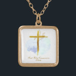 Collar Dorado *~ Cruz de Oro AP35 Comunión Azul Cristiano<br><div class="desc">(( búsqueda de diseños similares en AP35 y AP40 )) Diseño MÍNIMO SENCILLO. acuarela AZUL y hojas BOTÁNICAS ORO en forma cruzada / crucifijo/ CUADRADA El fondo es BLANCO con una mancha de color claro de AZUL. El tipo de letra del texto es sofisticado, elegante y sofisticado guión caligráfico. El...</div>