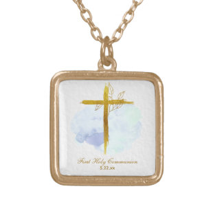 Collar Dorado *~ Cruz de Oro AP35 Comunión Azul Cristiano