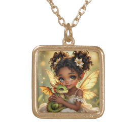 Collar Dorado Cute Anime Fairy Girl and Chibi Dragon