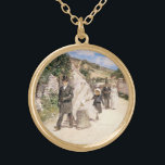 Collar Dorado La Marcha Boda de Robinson, Vintage Newlyweds<br><div class="desc">La Marcha del Boda (1892) de Theodore Robinson es un bonito e inventivo arte, amor y pintura romántica. La novia y el novio, una feliz pareja recién casada, están caminando por una pintoresca ciudad con su fiesta de bodas después de la ceremonia. Sobre el artista: Theodore Robinson (1852-1896) fue uno...</div>