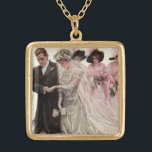 Collar Dorado La vieja ceremonia de Boda victoriana Novia y Groo<br><div class="desc">El amor ilustracion vintage y el romance boda victoriano imagen de la ceremonia con la novia y el novio casándose. Los recién casados se arrodillan sobre una almohada y las damas de honor llevan elegantes gorras lujosos con plumas y ramos de flores. Artista: Harrison Fisher,  titulado El Boda.</div>
