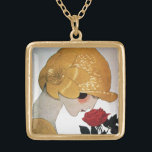 COLLAR DORADO LADY CON ROSA ROJA<br><div class="desc">Ilustracion de alta moda,  con clase y estilo Art Deco francés. Retrato de una hermosa joven mujer con un gorra dorado con flores,  blanco negro,  amarillo,  colores grises. Guay,  diseño moderno y artístico.</div>