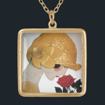 COLLAR DORADO LADY CON ROSA ROJA<br><div class="desc">Ilustracion de alta moda, con clase y estilo Art Deco francés. Retrato de una hermosa joven mujer con un gorra dorado con flores, blanco negro, amarillo, colores grises. Guay, diseño moderno y artístico.</div>